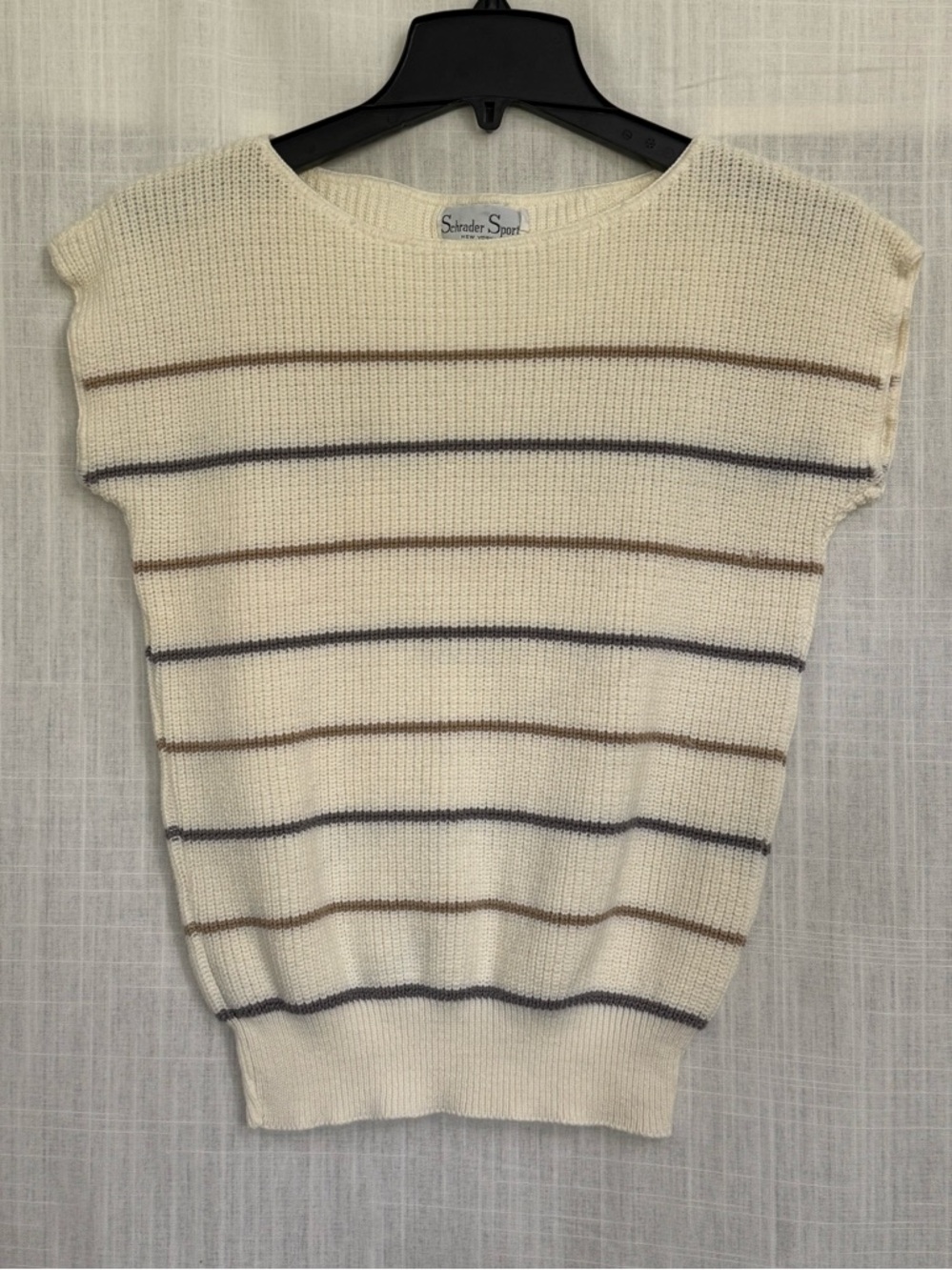 Vintage Schrader Sport New York Cream Knit Stripe Sweater Top Size L